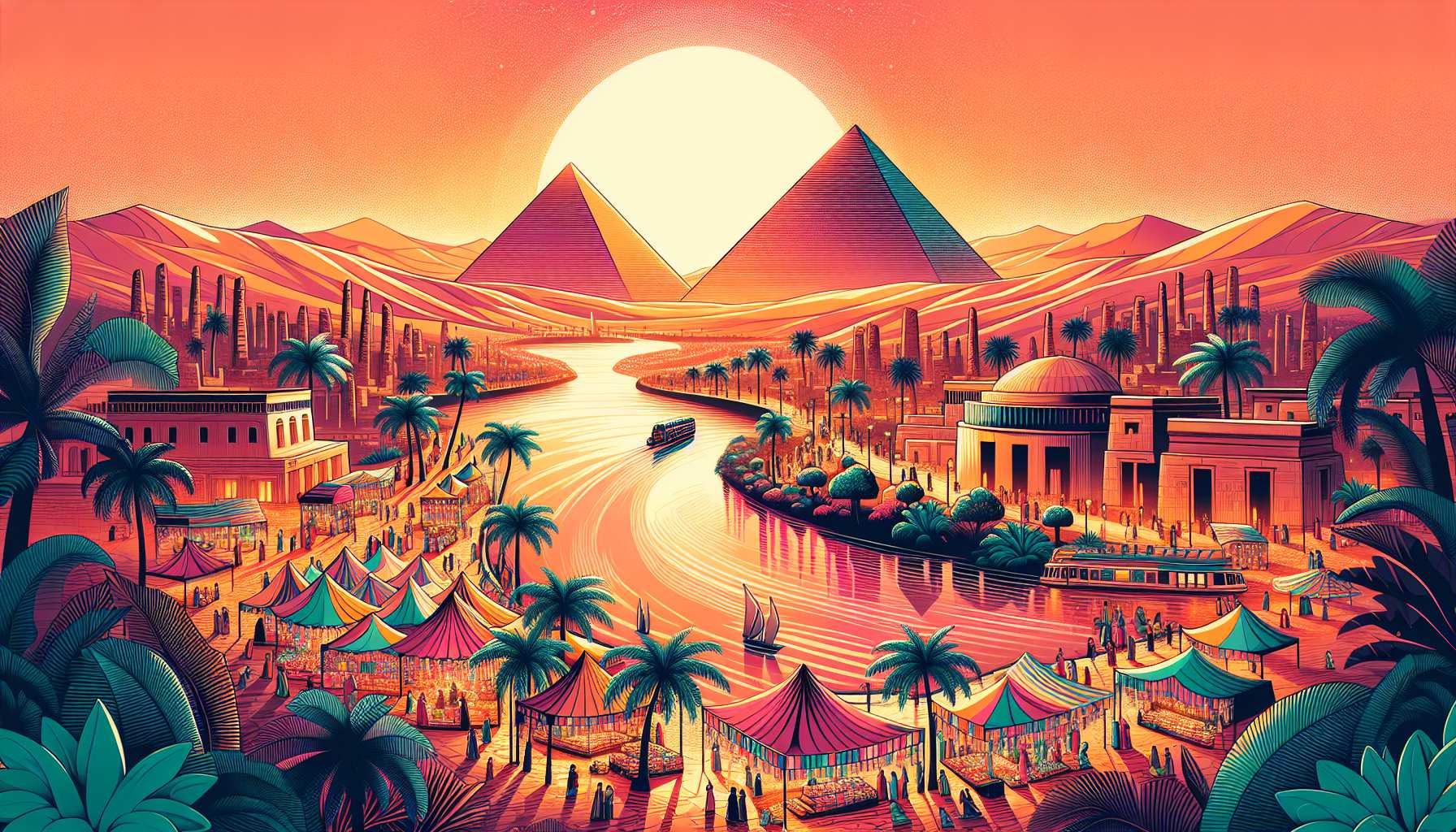 Egipto en verano, pirámides y río Nilo