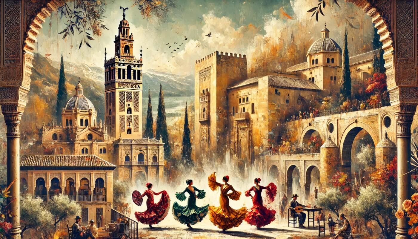 Andalucía con la Giralda, la Alhambra y bailaoras de flamenco en un entorno tradicional