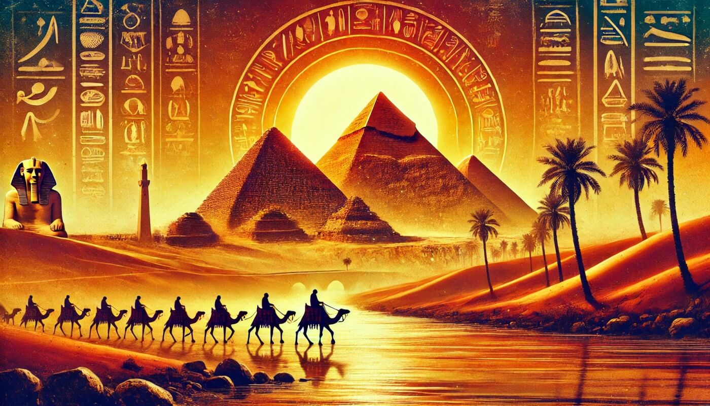 Las pirámides de Guiza al atardecer, con jeroglíficos, palmeras y una caravana de camellos junto al Nilo.