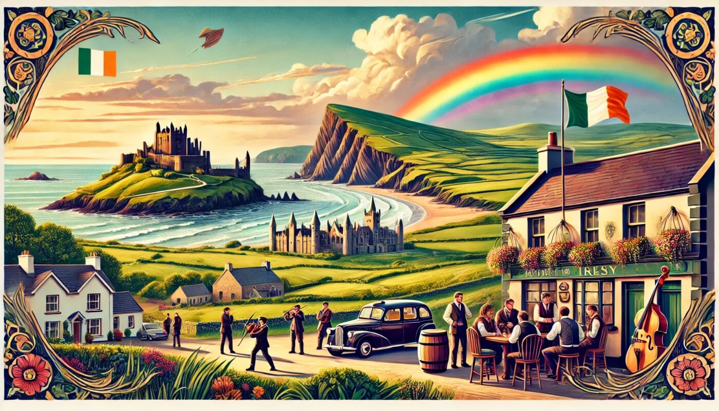 Paisaje irlandés con colinas verdes, acantilados, castillos medievales, un pub tradicional y un arcoíris sobre la costa.
