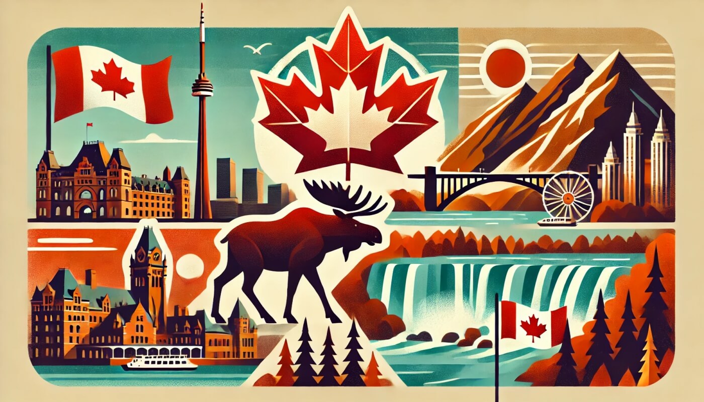 Canadá con la Torre CN, Cataratas del Niágara, montañas, un alce y la hoja de arce en el centro.