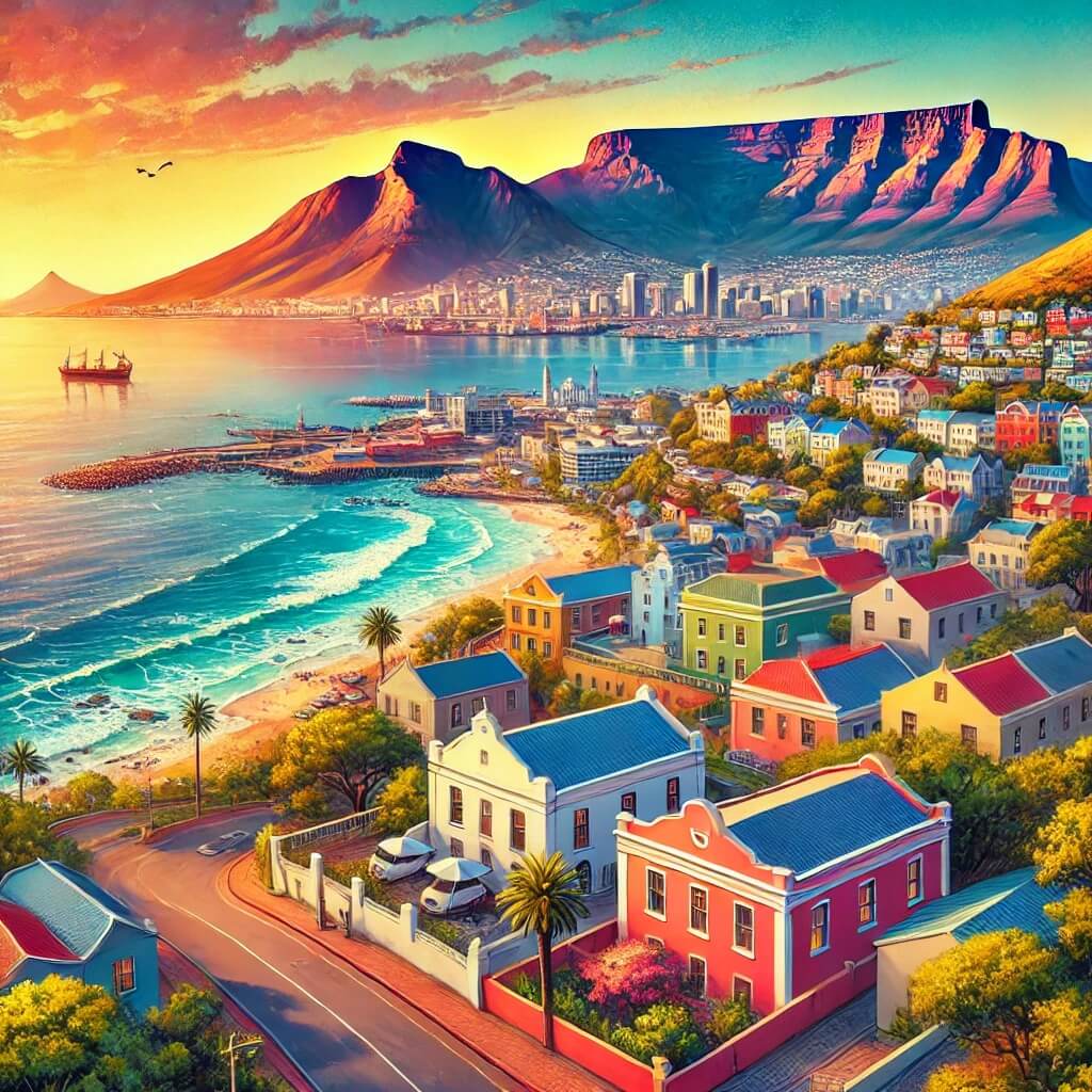 La Montaña de la Mesa dominando Ciudad del Cabo, con casas coloridas en Bo-Kaap y una carretera costera escénica.
