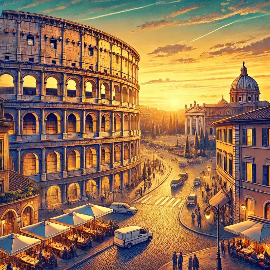 El Coliseo iluminado por la luz dorada del atardecer, rodeado de arquitectura histórica y animadas plazas romanas.