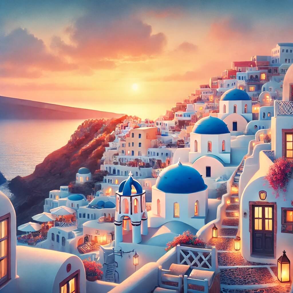 Casas encaladas con cúpulas azules con vistas al mar Egeo al atardecer, entre calles empedradas y buganvillas en flor.
