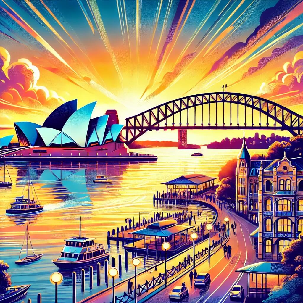 La Ópera de Sídney y el Harbour Bridge al atardecer, reflejándose en el puerto con barcos y el skyline de la ciudad.