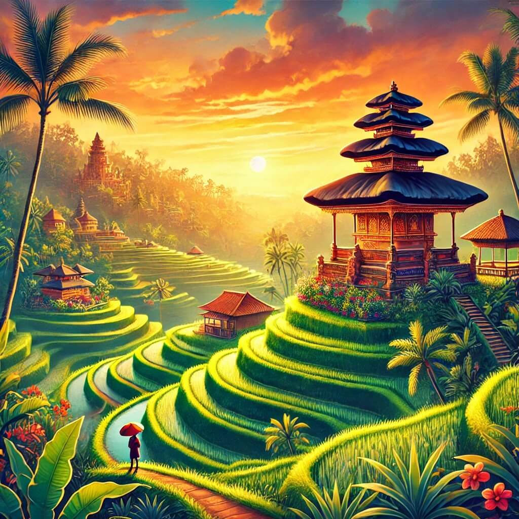 Lush rice terraces and a Balinese temple under a golden tropical sunset, surrounded by palm trees and vibrant nature.