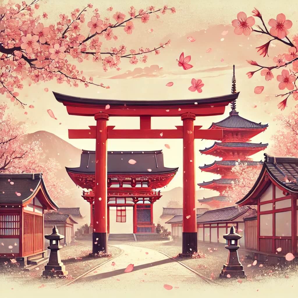 A red torii gate leading to a historic temple, surrounded by cherry blossoms in full bloom during springtime.